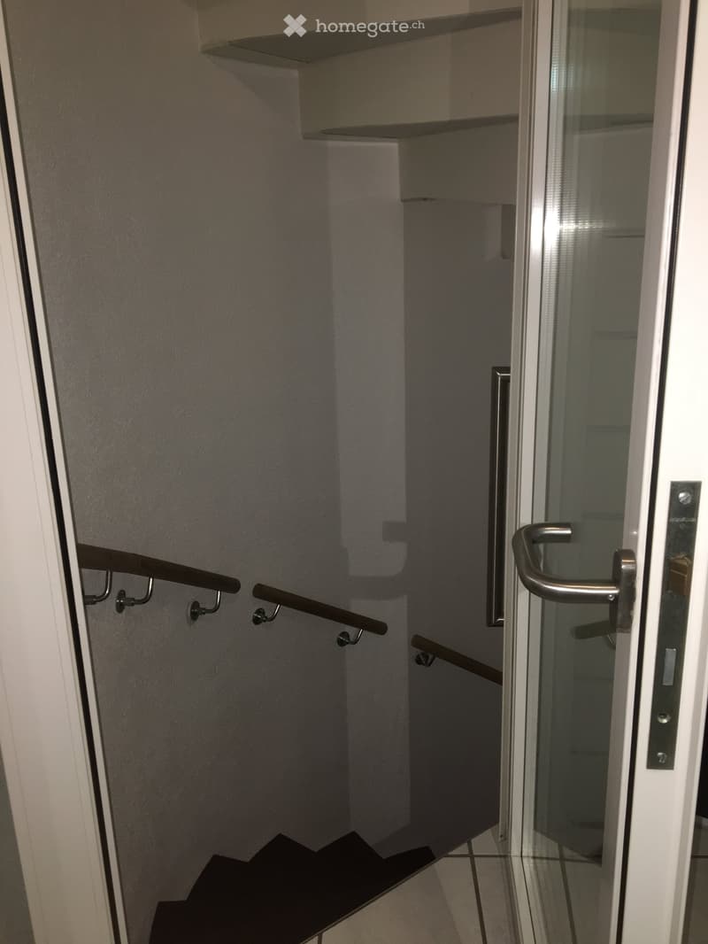 A narrow hallway with a glass door on one side and a staircase leading upwards, featuring metal handrails and a tiled floor.