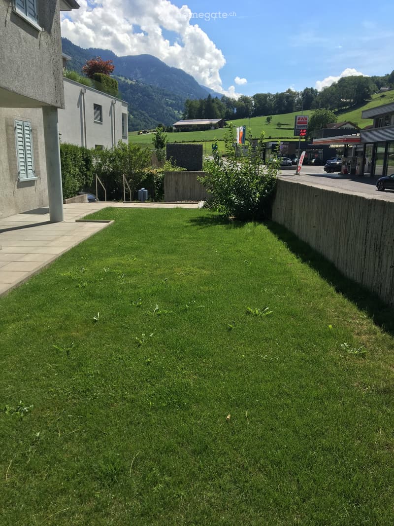 Well-maintained lawn with a wooden fence, surrounded by buildings and a scenic mountain backdrop.