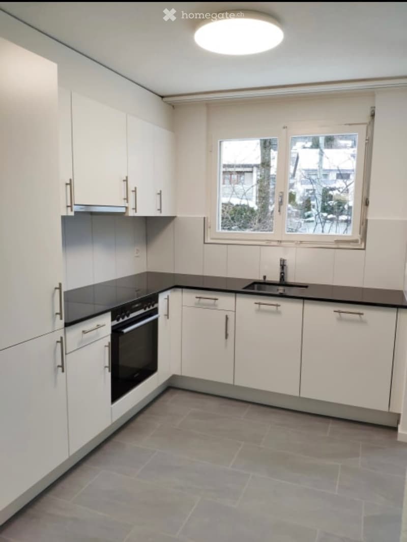 Modern kitchen with white cabinets, black countertops, and a built-in oven. Features a large window with a view of the outside.