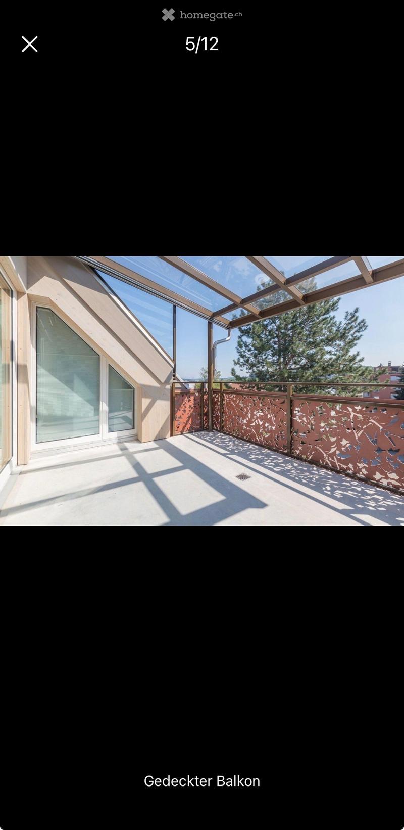 Covered balcony with a glass roof, metal railing, and a view of trees and buildings.
