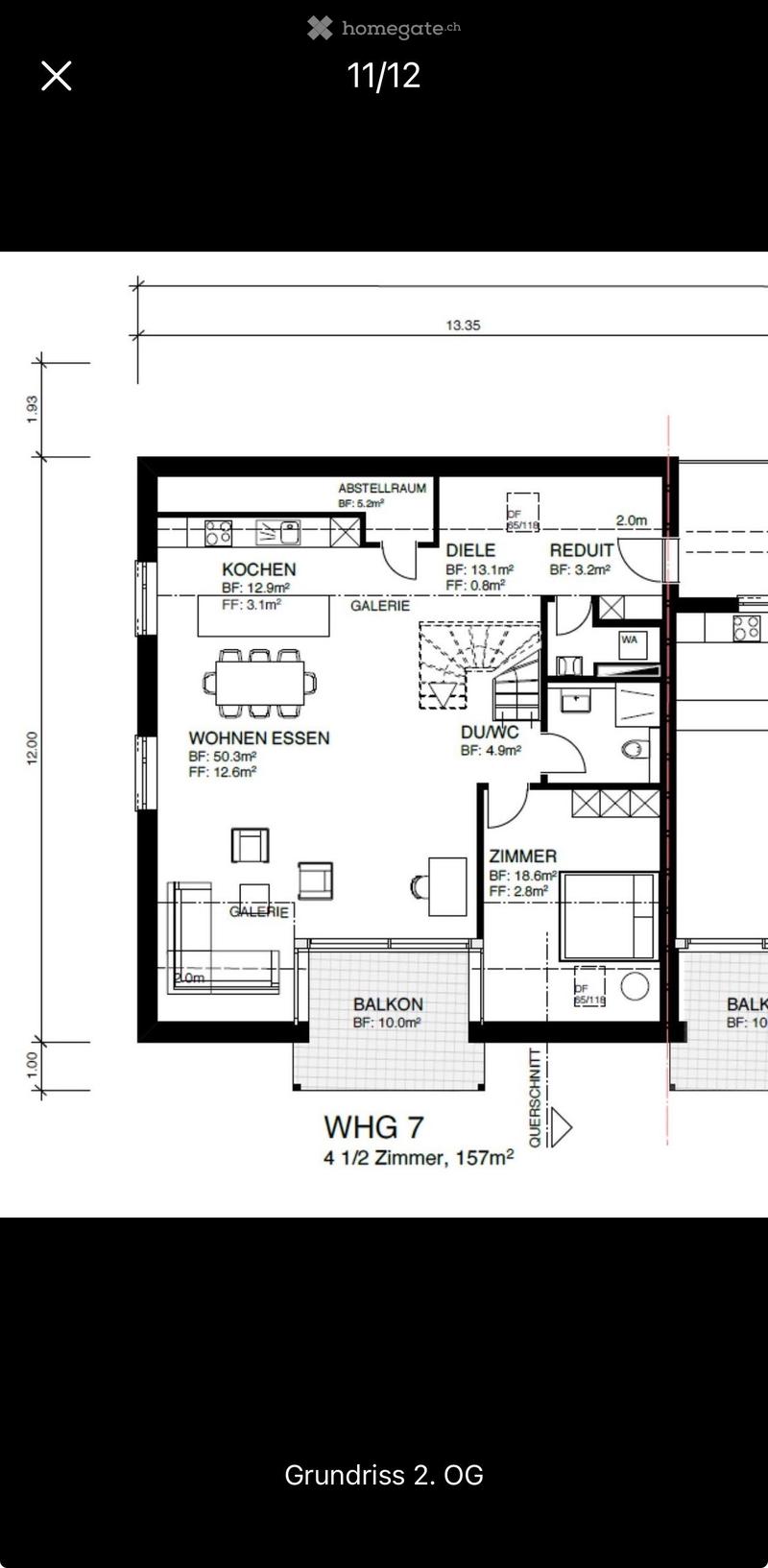 Floor plan of apartment WHG 7,4 1/2 rooms, 157m², including kitchen, living/dining area, bedroom, bathroom, balcony, and storage room.