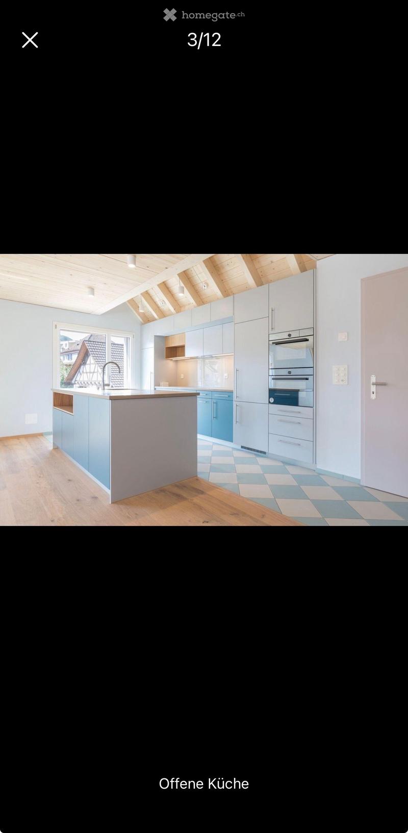 Modern kitchen with light blue cabinets, a central island, and a double oven. The space features wooden flooring and a skylight ceiling.