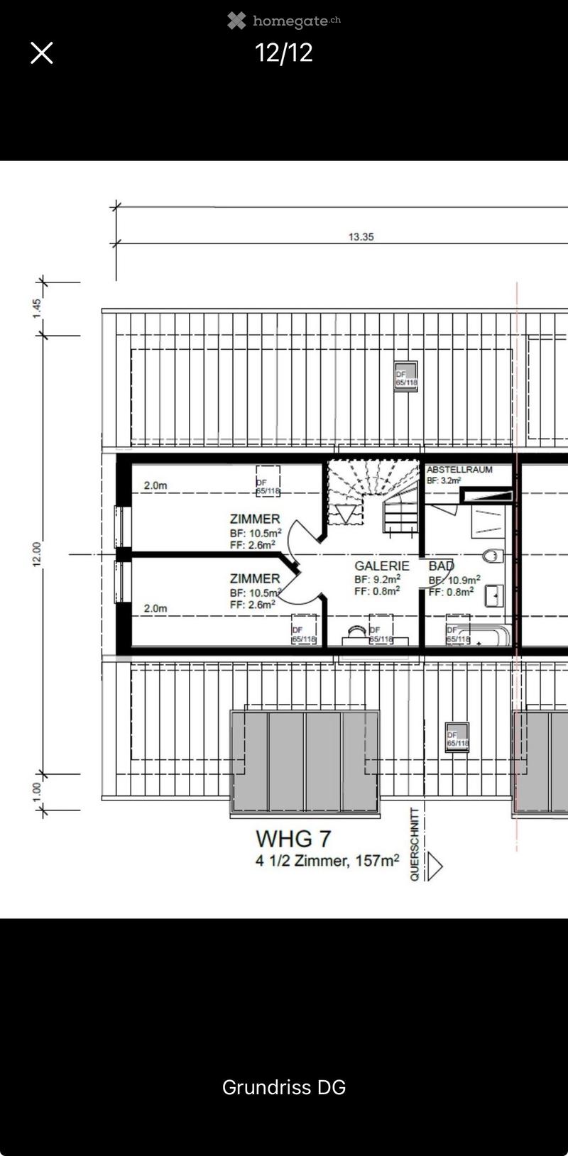 Floor plan of a 4.5-room apartment (157m²) on the top floor (DG). Layout includes two bedrooms, a gallery, a bathroom, and a storage room.