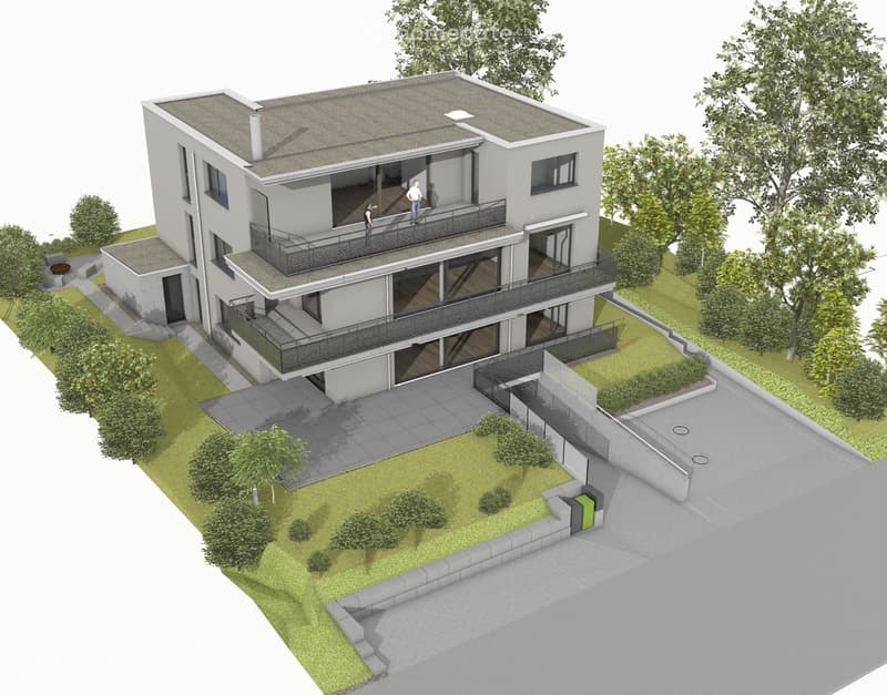 3-story modern house with balconies, large windows, and a landscaped garden area.
