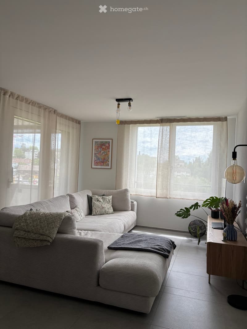Modern living room with a grey sectional sofa, coffee table, side table with plants and a laptop, and large windows with sheer curtains.