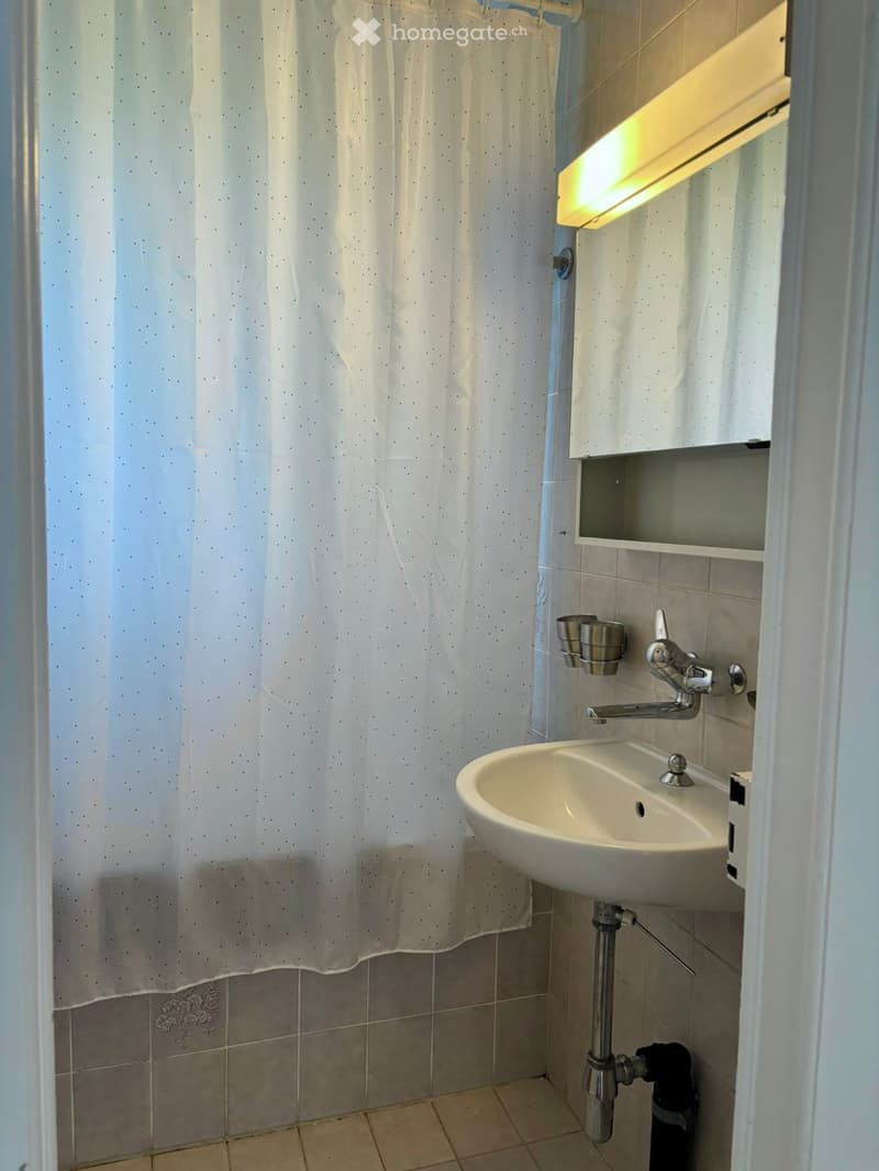 Small bathroom with a white sink, chrome faucet, mirror, and cabinet above. Shower curtain visible on the left side.