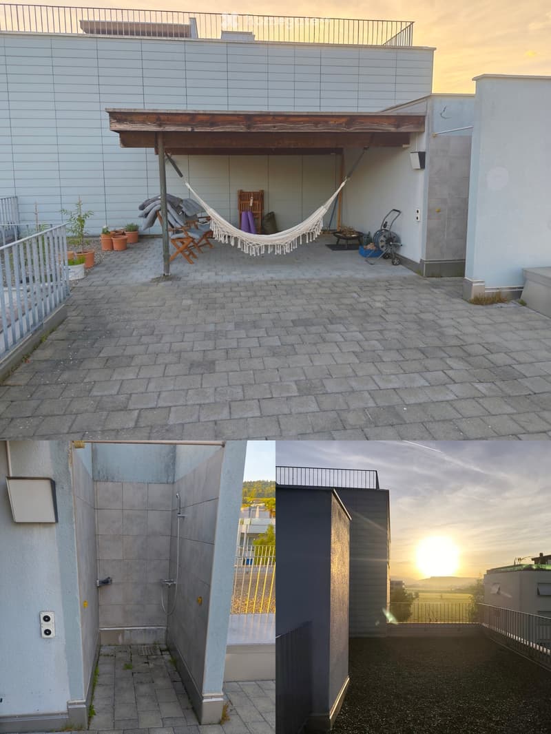 Outdoor patio with a hammock, chairs, small table, potted plants, and a view of the surrounding area.