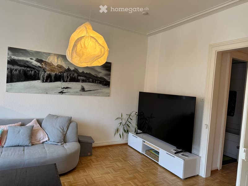 Modern living room with a grey sectional sofa, multiple pillows, a large flat-screen TV on a white stand, a floor lamp, a painting, and a small plant. The room features wooden flooring and white walls.