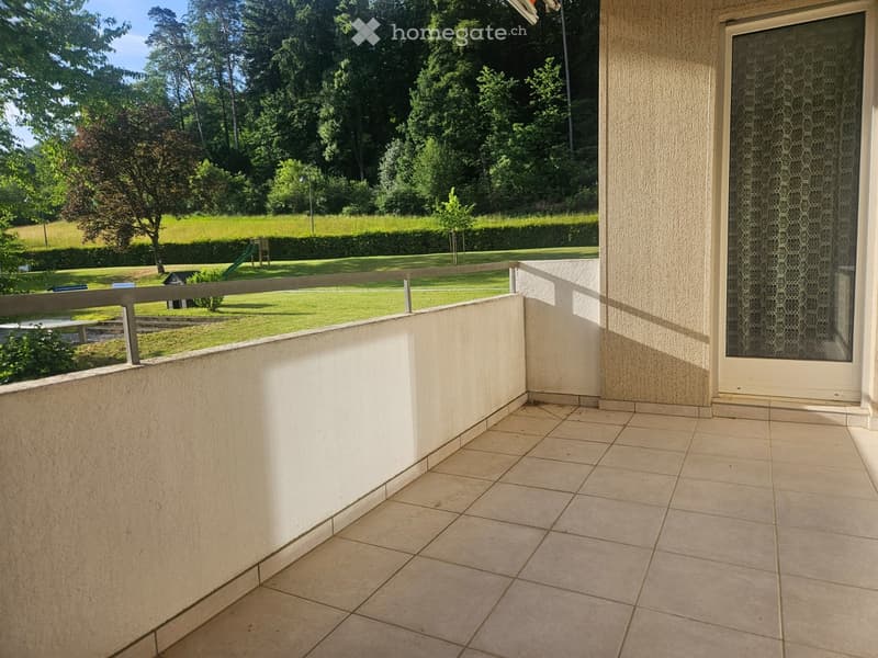 Balcony with tiled floor, metal railing, and view of a green park with trees and playground equipment.