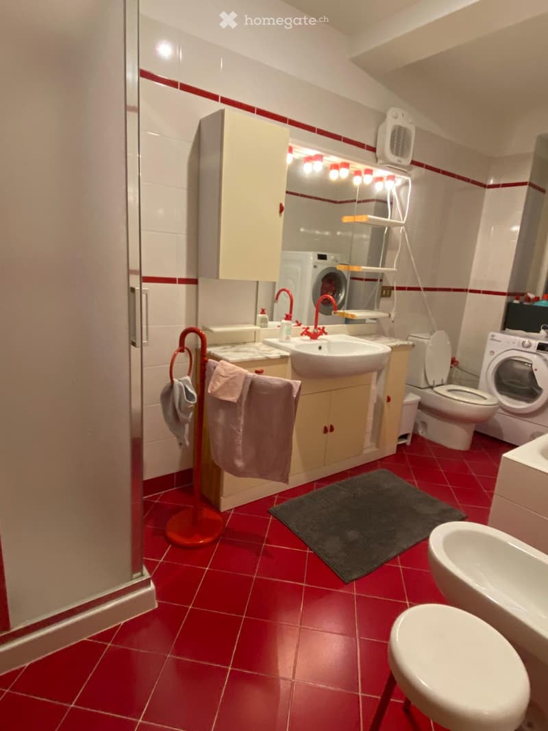 Bathroom with red tiled floor, white walls, sink, toilet, washing machine, mirror, and towel rack with towels.