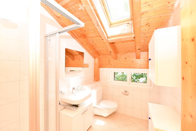 Cozy attic bathroom with wooden ceiling beams, skylight, and white tiled walls. Features a sink, toilet, mirror, and built-in cabinets.