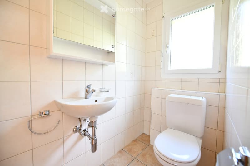 Modern bathroom with white tiles, a sink with a chrome faucet, a toilet, a mirror with a shelf, and a towel ring.