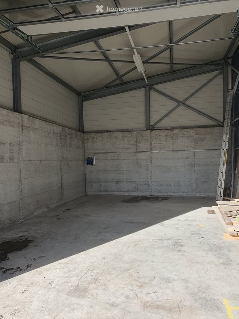 Empty garage with concrete walls and floor, metal ceiling structure, and a ladder leaning against the wall.