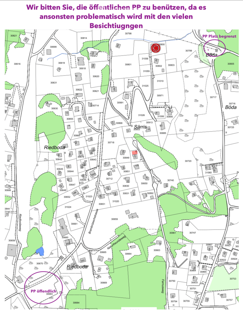 Topographic map showing geographical area with labeled locations, roads, and numbered plots.