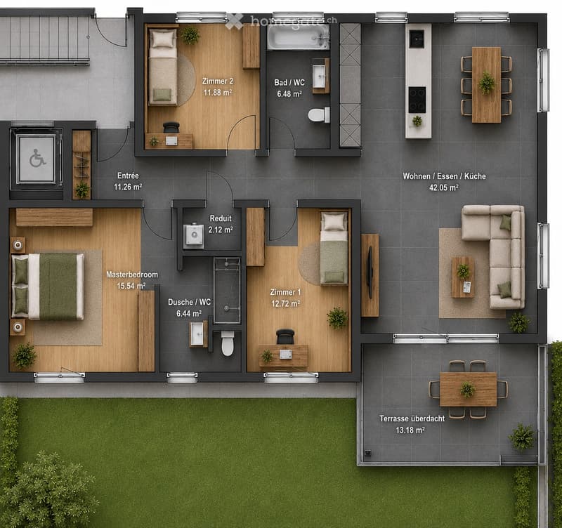 Floor plan of a modern apartment with2 bedrooms, 2 bathrooms, living/dining/kitchen area, and a covered terrace.