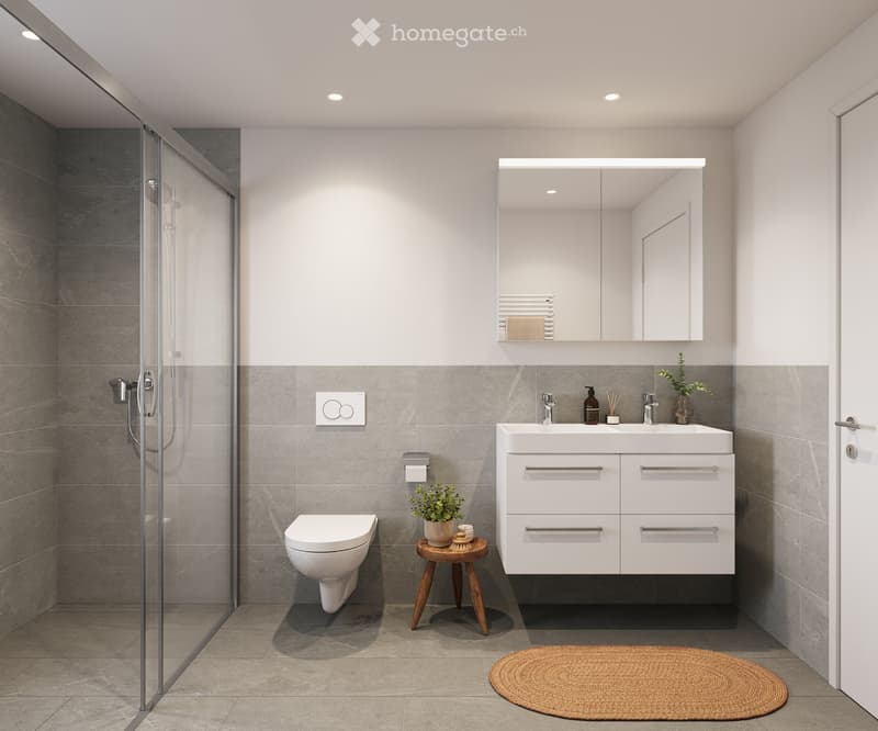 Modern bathroom with a white sink, toilet, mirror, and a small wooden stool holding a plant. The shower area is enclosed with a glass door, and the walls are tiled in gray.
