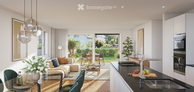 Modern open-plan living and dining area with a kitchen, featuring a sofa, coffee table, dining table, chairs, pendant lights, and a view of a garden.