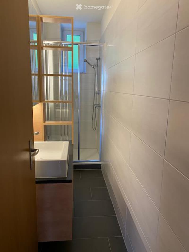 Modern bathroom with white tiles, a white sink, a glass-enclosed shower, and a sleek showerhead.