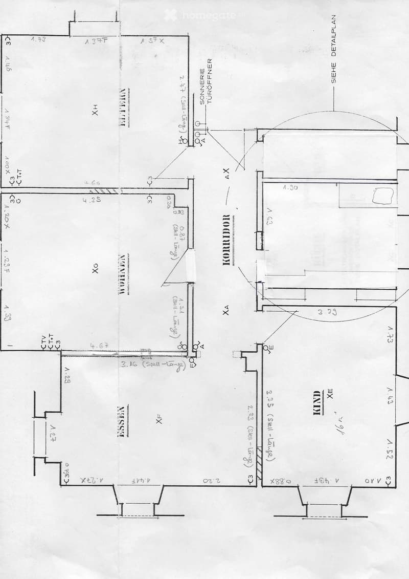 Floor plan showing a kitchen, corridor, and living room with labeled dimensions and axes.