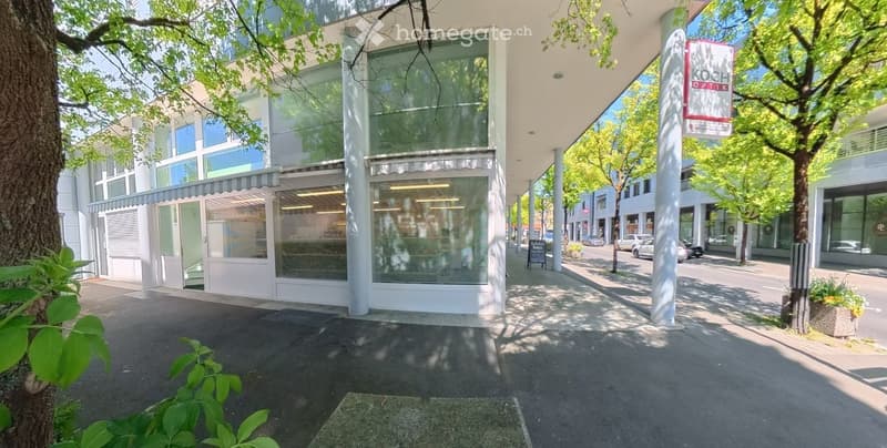 Modern commercial building with large glass windows and awnings, located on a tree-lined street with parked cars and signage for "KOCH OPTIK".