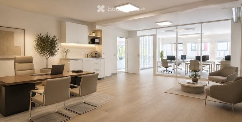 Modern office space with a large wooden table, several chairs, a laptop, a small kitchen area with a coffee machine, and a seating area with a round table and armchairs.