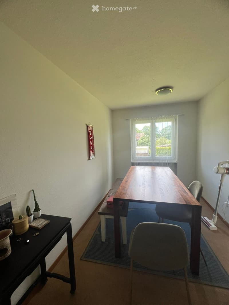 A furnished room with a long wooden table, chairs, a small black desk with potted plants and books, and a window with a view of greenery.