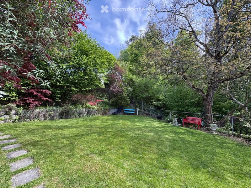 Well-maintained garden with a lush green lawn, trees, shrubs, a red bench, and a small pathway.