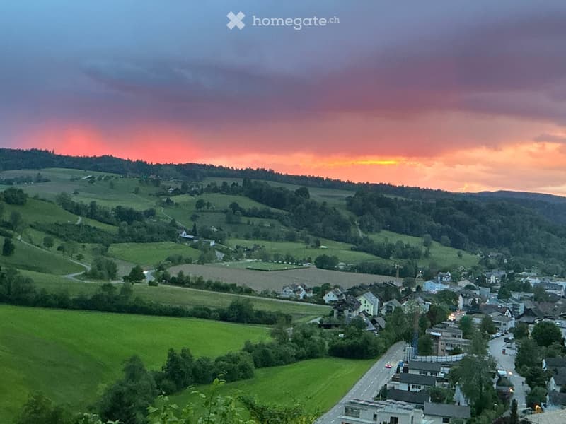 A panoramic view of a small village nestled in a valley with rolling hills and vineyards, under a colorful sunset sky.