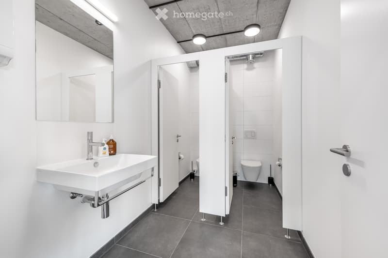 all-white bathroom with modern fittings, vanity sink, shower stalls, toilet, open door, lighting fixtures