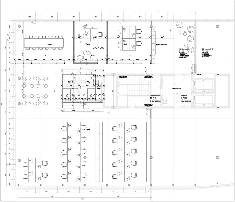 two floor plan, multiple meeting rooms, central staircase, elevator, kitchen, and restroom