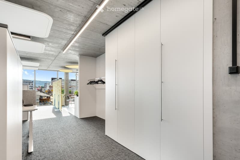 Open modern hallway with concrete ceiling, white walls, built-in closets, and carpeted floor, a view to the outside