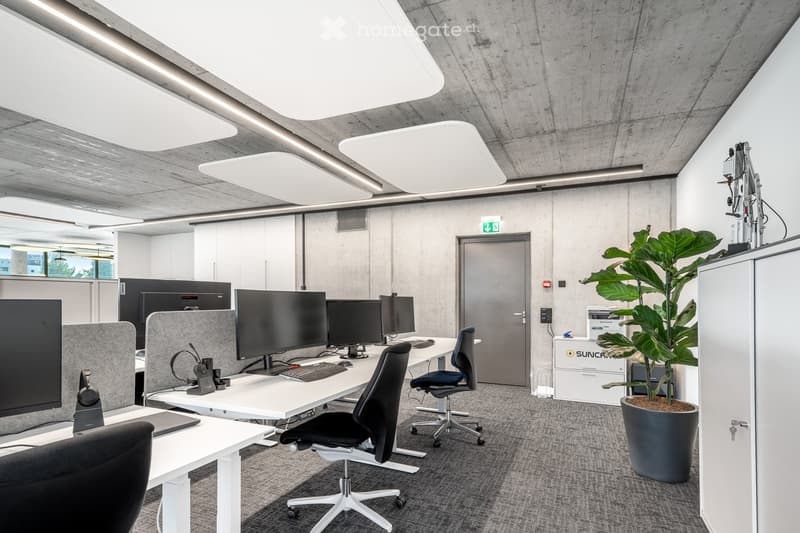 Empty office space with multiple desks, ergonomic chairs, computer monitors, and large windows.