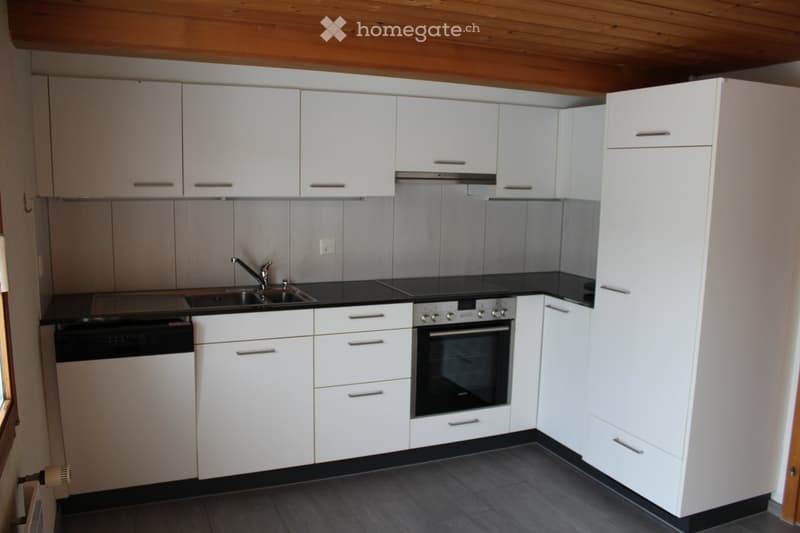 Modern kitchen with white cabinets, stainless steel sink, oven, dishwasher, and black countertops.