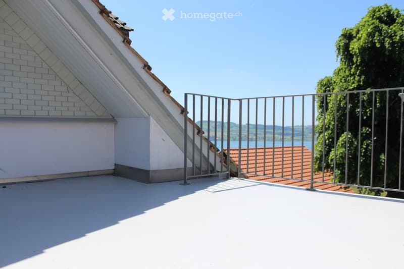 Roof terrace with white surface, metal railing, and scenic view of a lake and surrounding landscape.
