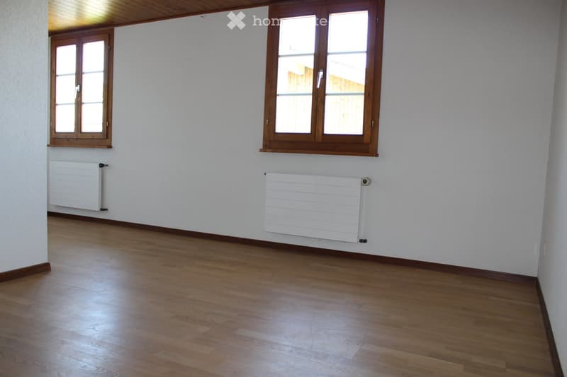 Empty room with wooden flooring, white walls, and two windows with wooden frames. Two white radiators are mounted on the walls.