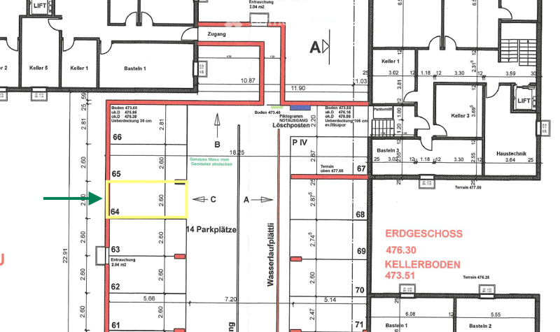 Floor plan of a multi-level building with labeled rooms, basements, and parking spaces. Includes dimensions, floor levels, and technical details.