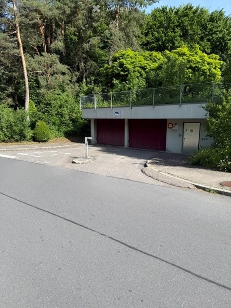 Modern underground garage with two large doors, a small balcony level above, surrounded by trees and greenery.