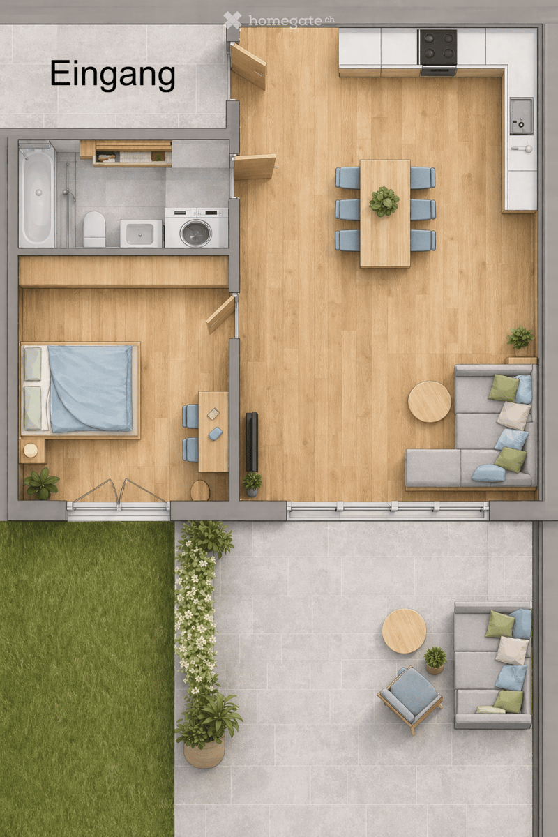 Layout of a compact apartment with a living room, dining area, bedroom, kitchen, and bathroom. Includes a small balcony and outdoor space with greenery.