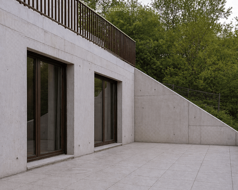 Modern concrete building with large glass windows and a raised ground floor, surrounded by greenery.