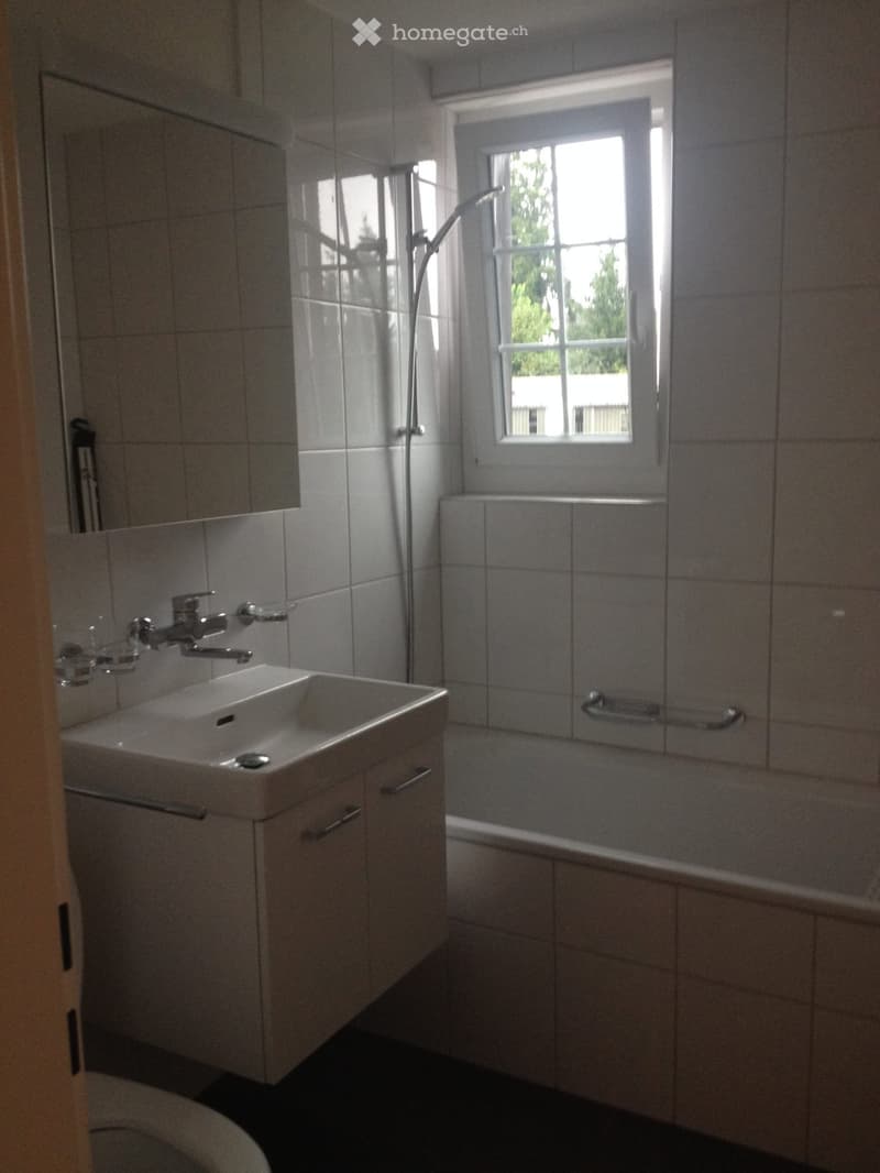 Modern bathroom with a white sink, faucet, mirror, bathtub, and showerhead. The walls are tiled, and there is a window providing natural light.
