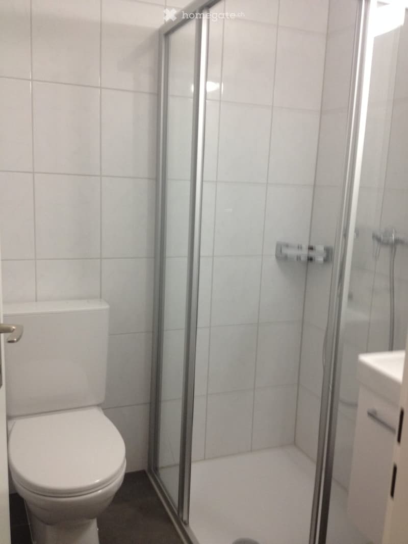 Modern bathroom with white tiled walls, a toilet, and a glass-enclosed shower stall.