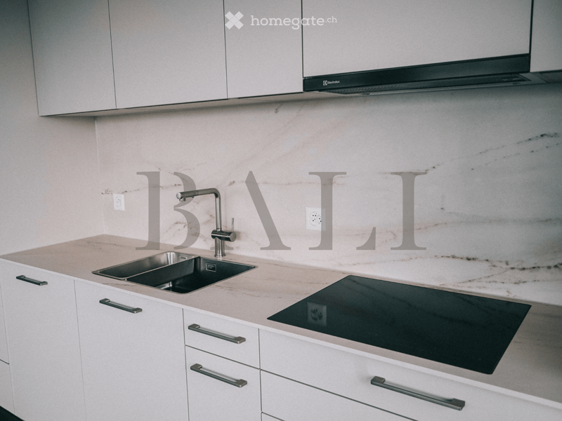 modern kitchen with marble countertops, stainless steel sink, induction cooktop, white cabinets, under-cabinet lighting