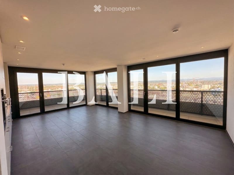 large windows, balcony, tiled floor, modern design, city view