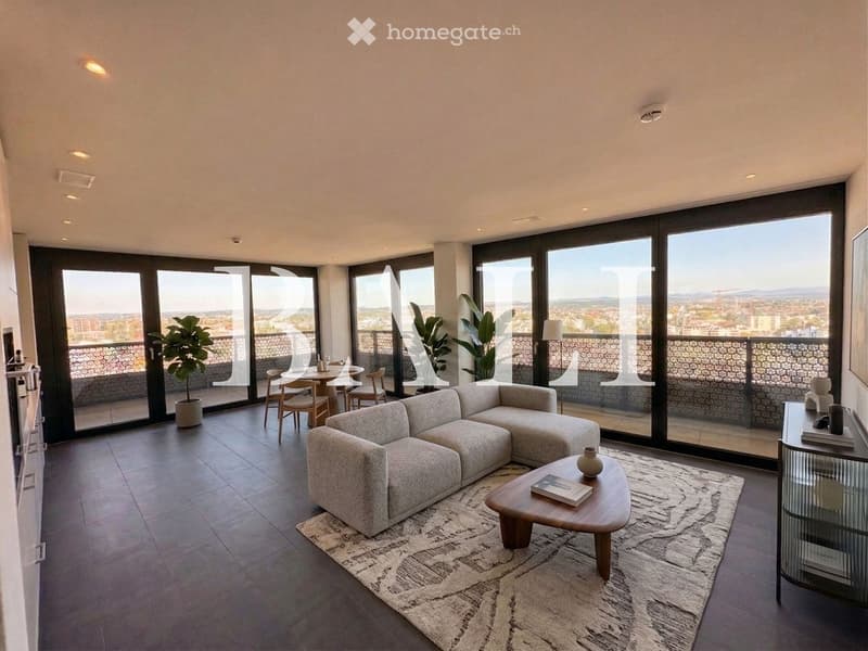 modern living room with large windows, balcony, gray sofa, wooden coffee table, rug, plants, dining table, chairs