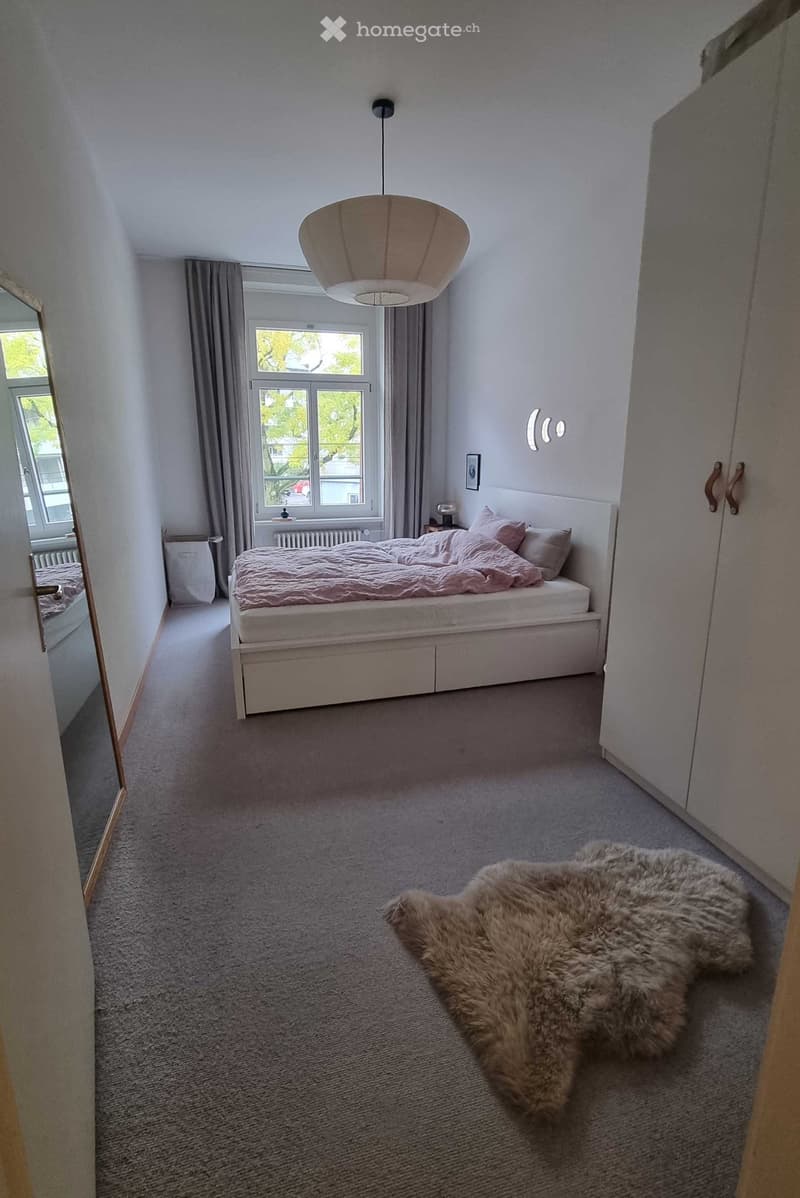 Bedroom with a white bed, pillows, a large mirror, a wardrobe, and a fur rug on the carpeted floor.
