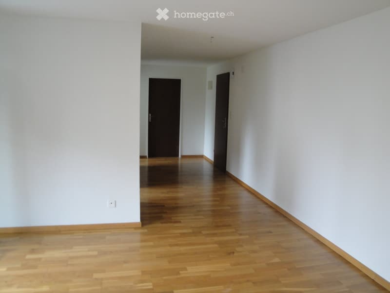 Empty hallway with light wooden flooring and white walls, featuring two dark wooden doors at the end.
