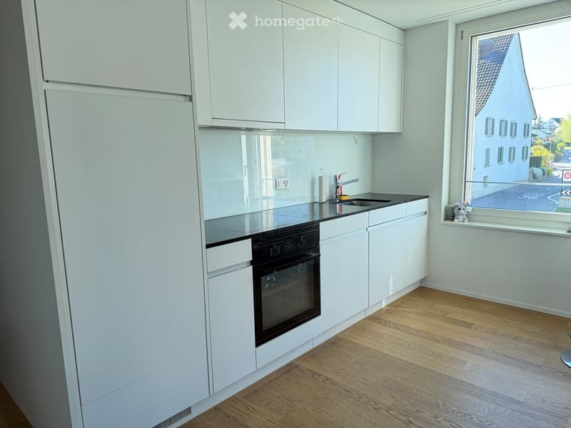 Modern kitchen with white cabinets, a black countertop, a built-in oven, and a sink with a faucet. The floor is wooden, and there is a small decorative item on the windowsill.
