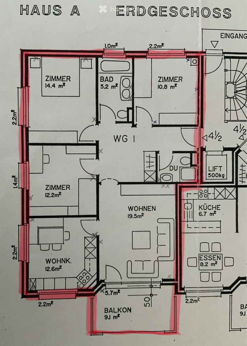 Ground floor layout of Haus A showing living room, kitchen, dining area, bedrooms, bathroom, and balcony.