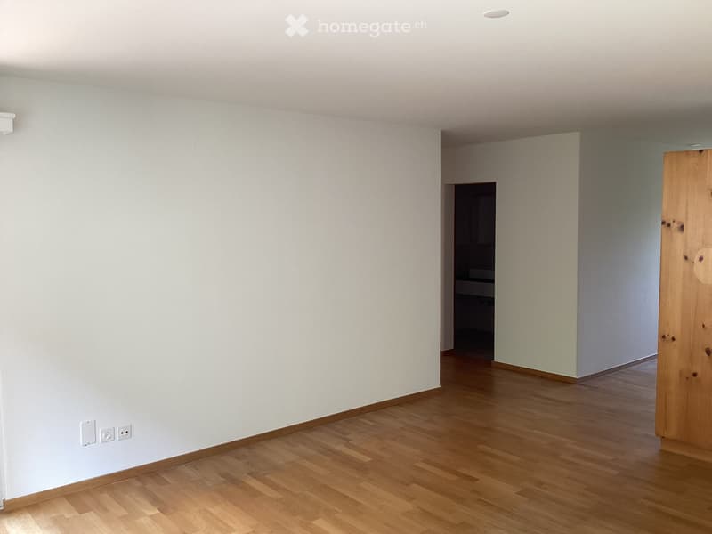 Empty room with light-colored walls and wooden flooring, featuring a doorway leading to another room.