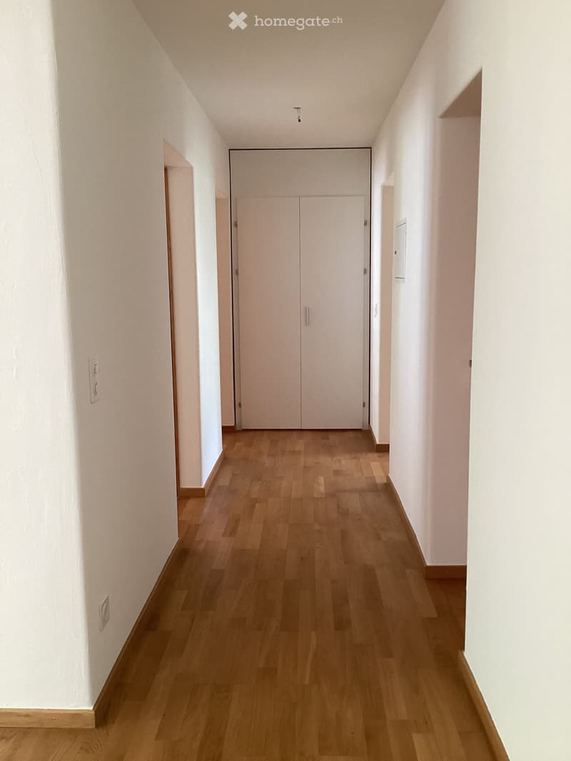 A long, narrow hallway with light wooden flooring and white walls, featuring a closed double door at the end and electrical outlets on the left wall.
